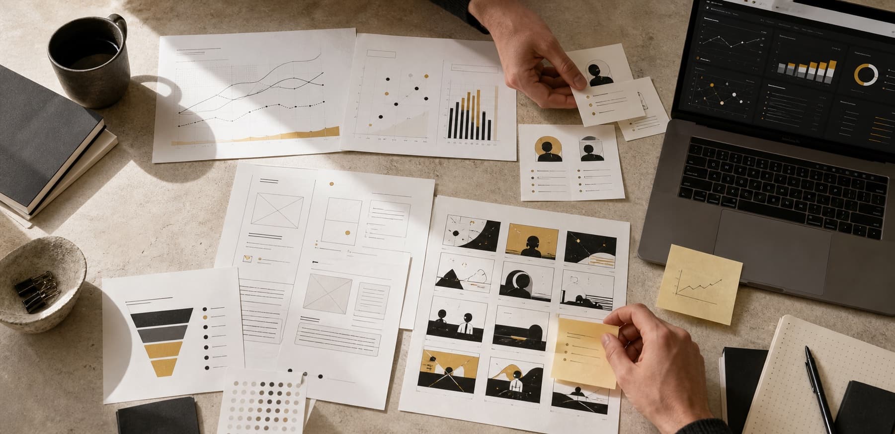 Illustrative agency strategy table with evidence sheets, charts, and creative concepts