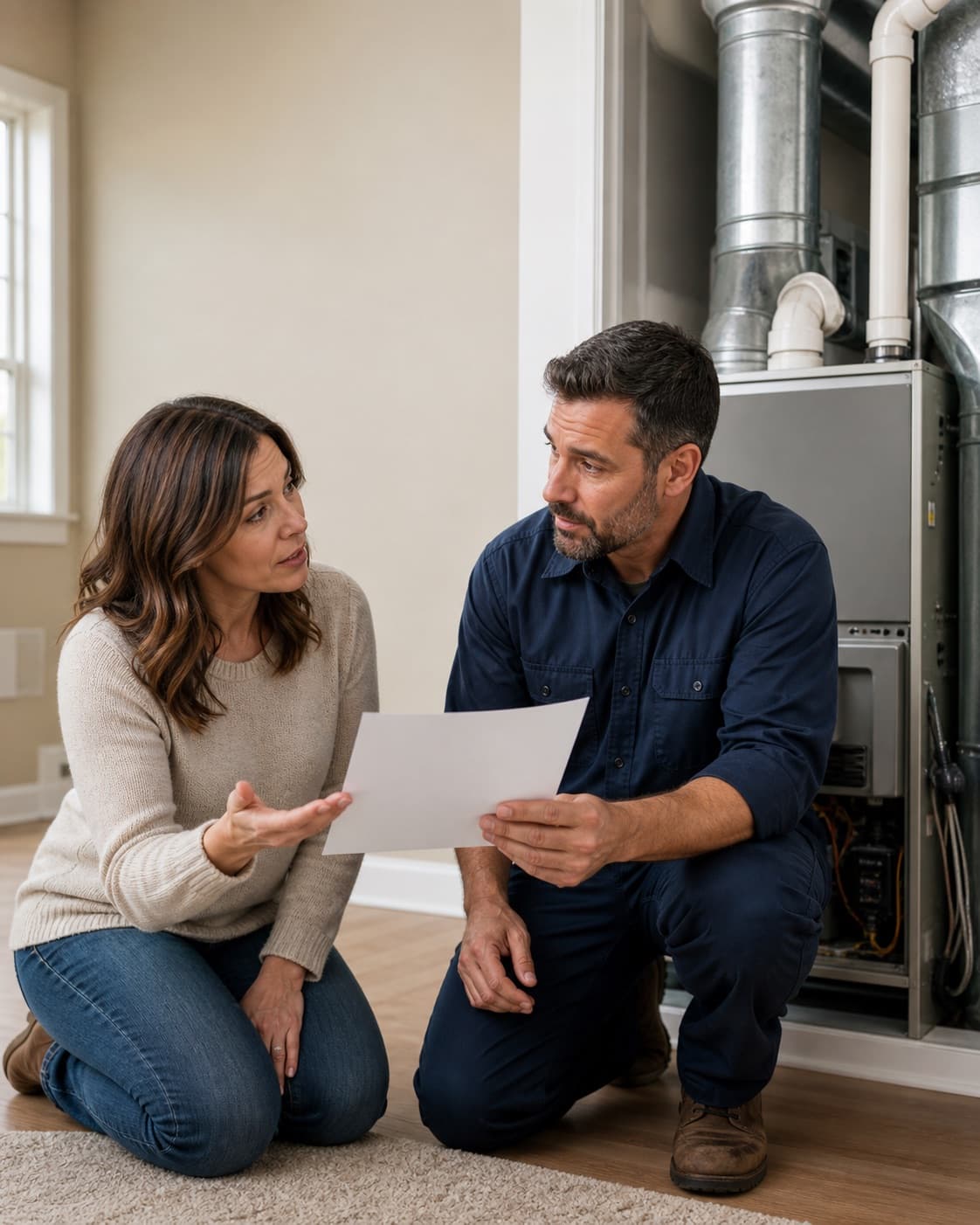 Fictional HVAC ad showing a homeowner reviewing options