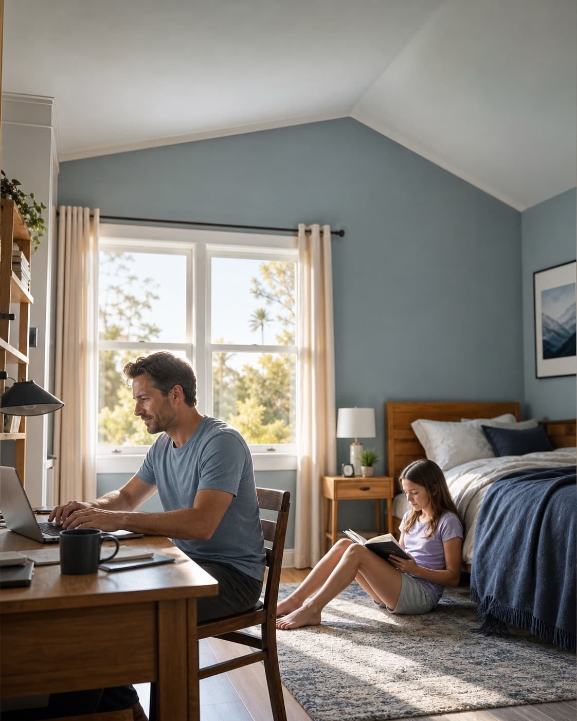 Fictional HVAC ad showing a comfortable upstairs room